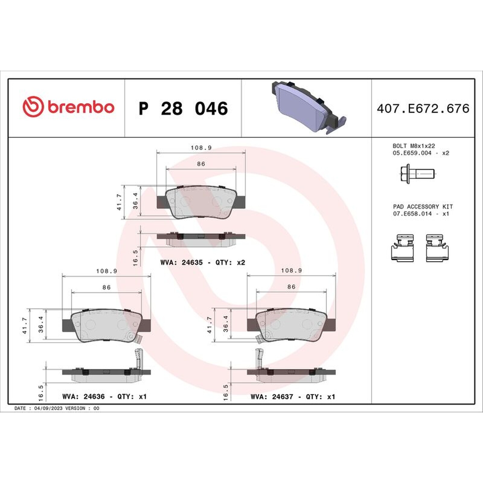 Brembo Rear Brake Pad Set (2 Wheels on 1 Axle) P 28 046 / P28046 - Fits HONDA