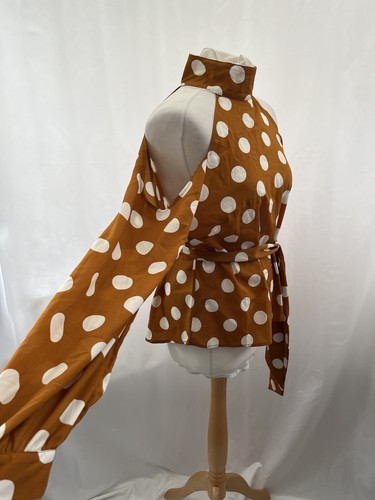 Brown Polka Dot Cold Shoulder Blouse Size M Women’s Long Sleeve - Picture 5 of 12