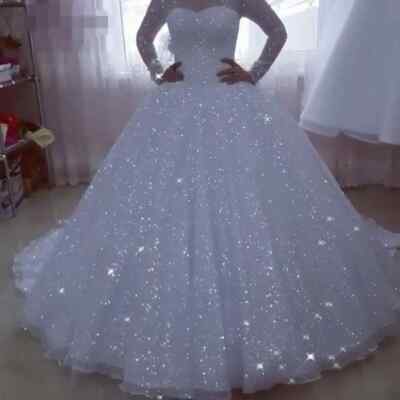 Sparkling A-line lace wedding dress with O-neck long sleeved Bridal Gowns