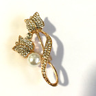 Faux Pearl Brooch Pin 2" Fashion Jewelry Gold Tone Rhinestone Tulips