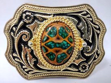Belt Buckle Gold Color Trim With Oval Brown Green Center