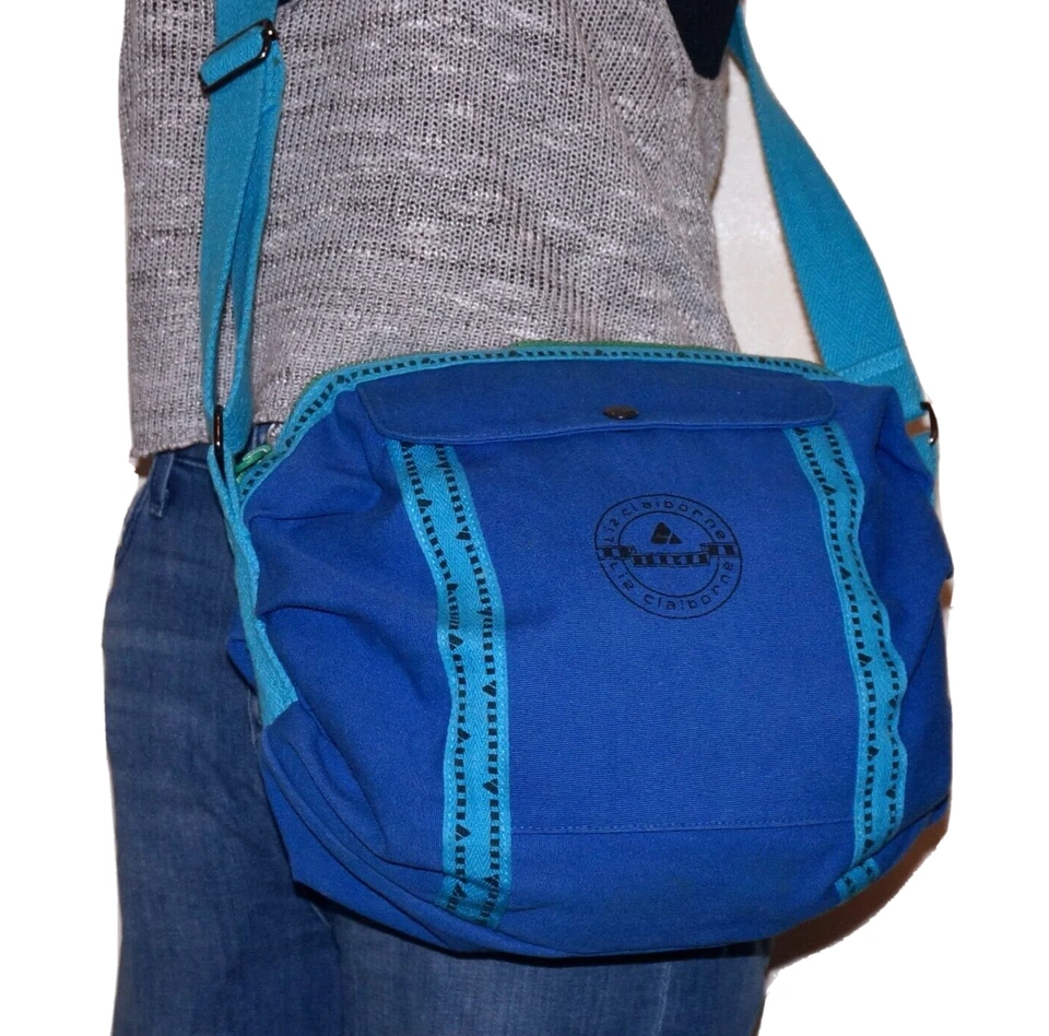 Bolso Bandolera Años 80 Vintage LIZ CLAIBORNE Azul y Turquesa Lona 9x10 Foto 2 de 4