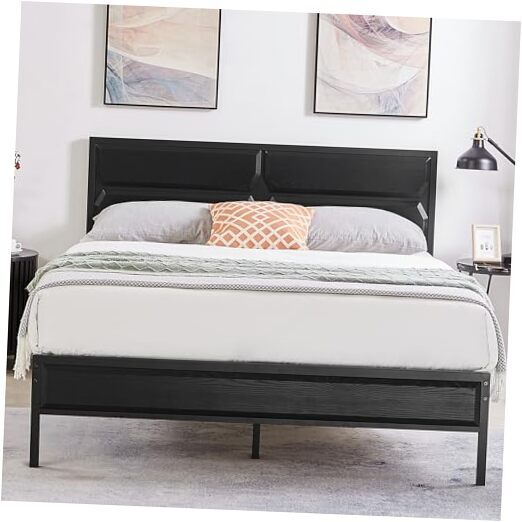 Queen Platform Bed Frame with Wood Headboard/Mattress Foundation/Premium