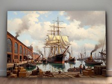 Historischer Hafen mit Segelschiff  - Bild auf Leinwand