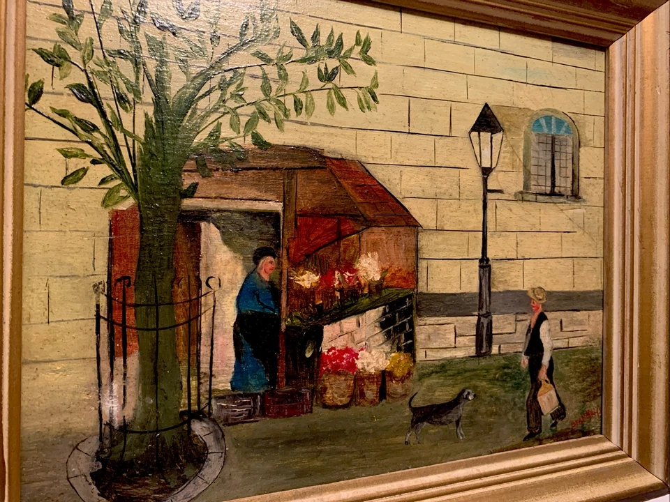 Pintura Original Enmarcada Arte Popular Firmado De Colección PARÍS FLOWER MONGER DOGGIE Foto 2 de 4