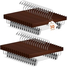30 Pack Wooden Pants Hangers with Clips Solid Wood Skirt Suit Coat Hangers wi...