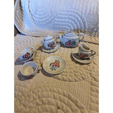 Vintage Miniature Porcelain Tea Set Floral Rose Dollhouse Teapot Cups Saucers