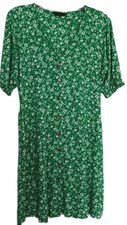 Ladies Green Floral Mock Button Down V Neck Short Sleeve Tie Belt Dress Size 18
