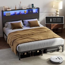 Full Queen King Size Metal Platform Bed Frame with LED Lights Headboard＆Charging