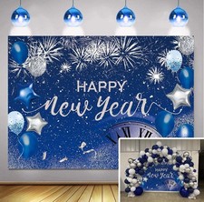Happy New Year Backdrop 2026 Glitter Blue Fireworks 7X5FT 84x60 inch ,