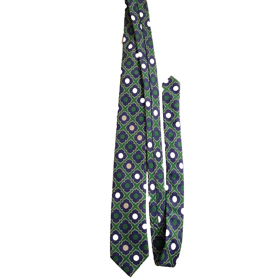Tommy Hilfiger  Tie Floral Geometric Retro Green Blue White Cotton Mens Necktie - Image 4 of 4