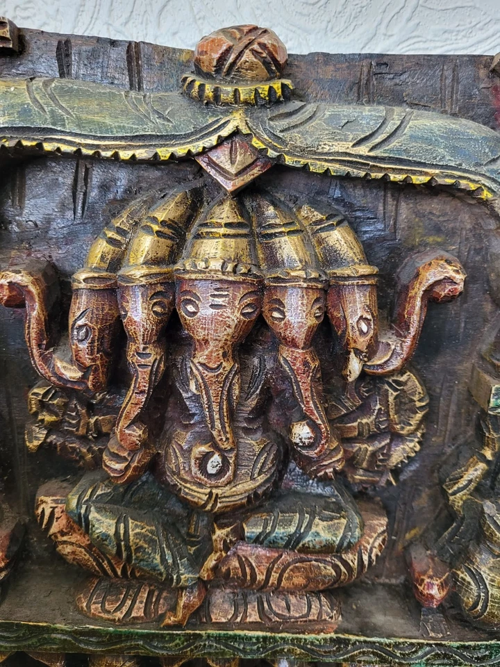 Wooden Wall Panel Depicts 5 five faces Of Ganesh 18 X 11.5 Inches. Hindu God. - Image 2 of 4