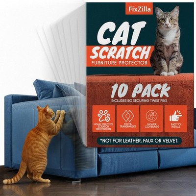 FixZilla Anti Cat Scratch Furniture Protector, 10-Pack + 50 Pins, Clear