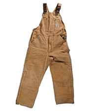 Carhartt R02 BRN Duck Bib Overalls Mens 36x30 Brown Double Knee Red Lined Vtg