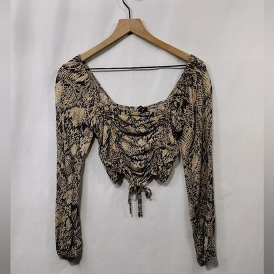 Kendall & Kylie Snake Print Long Sleeve Cropped Top Women's S Brown Black Boho