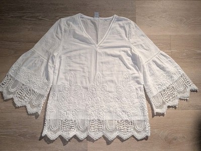 Chicos White Cotton Tunic Top Womens 1 M Embroidered Lace Bell Sleeve Boho