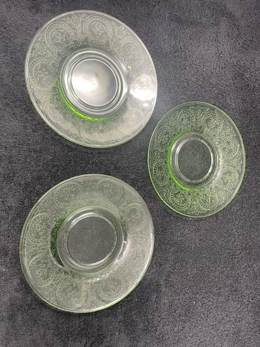 Indiana Horseshoe Green Depression  Uranium Glass Saucers.
