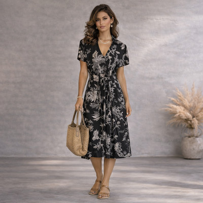 East Damen grau Blumen Leinen Gürtel Flügelärmel Fit & Flare Kleid UK 12