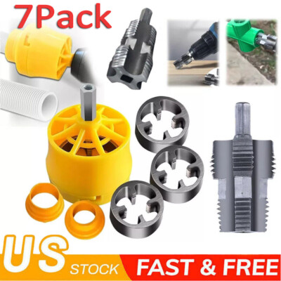 7 Pack Electric Drill Compatible PVC Pipe Threader Kit with Various Die Sizes