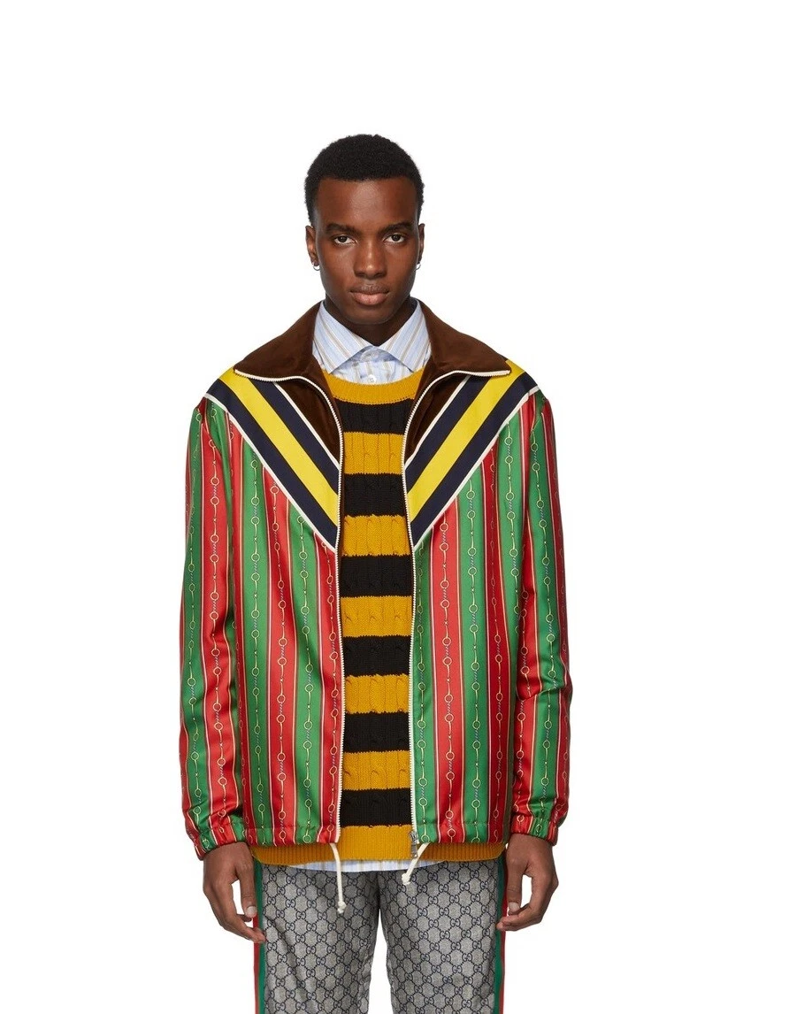 Gucci Mens Red Green Striped Jacket w Brown Velvet Horsebit print