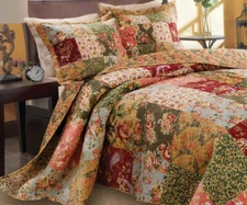 COUNTRY FARMHOUSE XXL PATCH 3p Queen BEDSPREAD SET : RED GREEN ANTIQUE VINTAGE