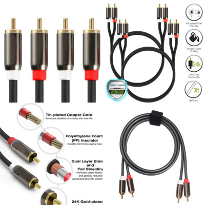 US 2 Plated 2-RCA to 2-RCA Male L/R Stereo Audio Coaxial Cable Cord Plug Patch