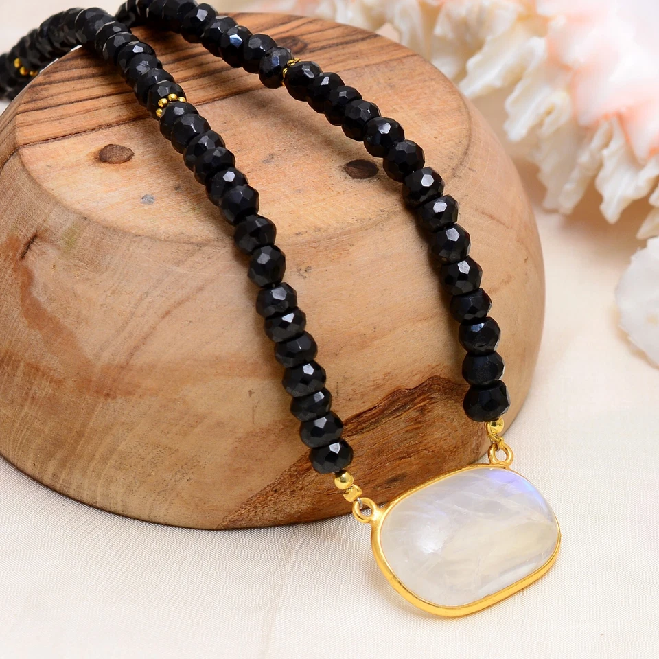 Collar de cuentas de espinela negra, collar de espinela, collar de piedra lunar, cuentas de piedra lunar Foto 3 de 4