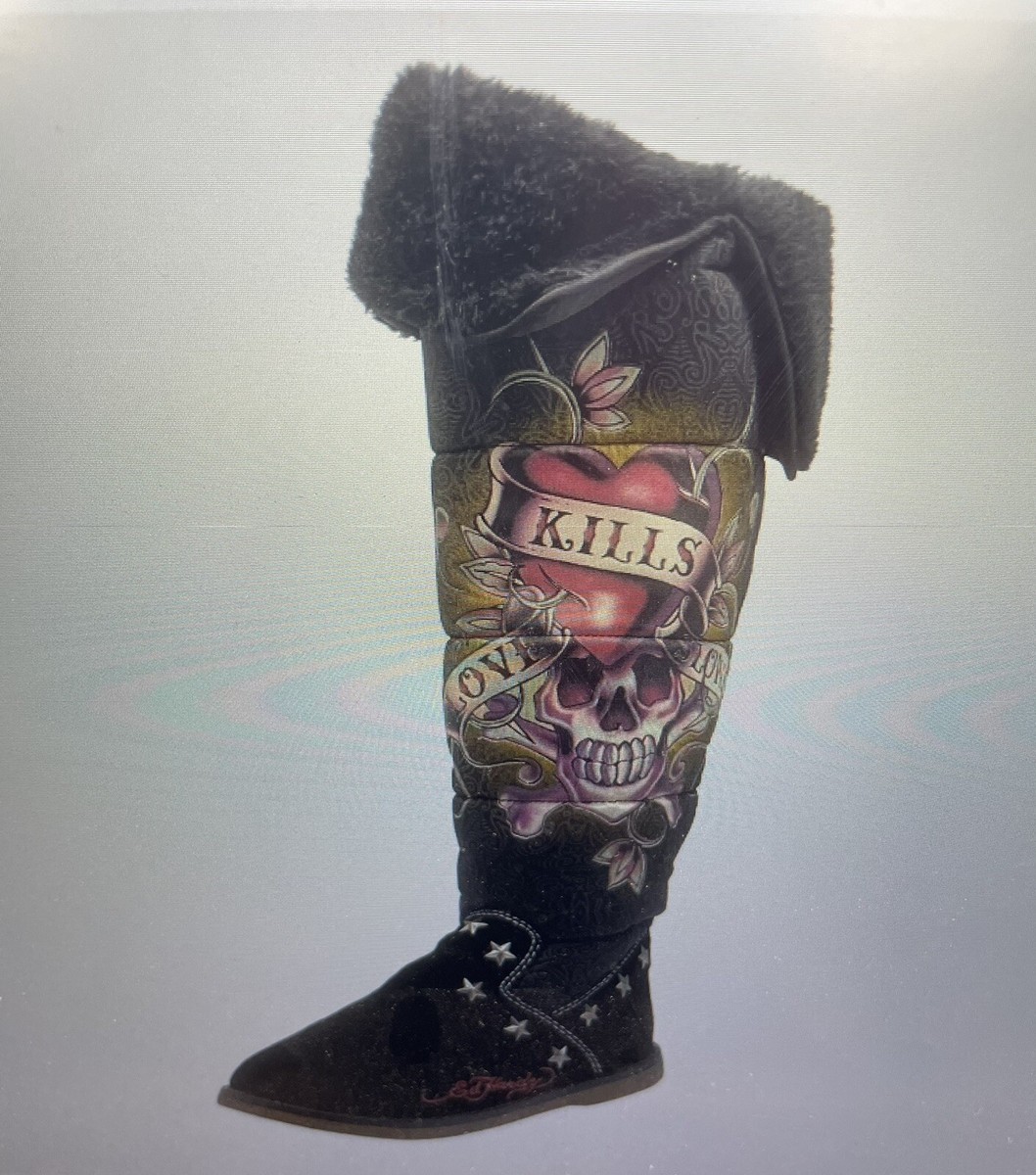 Ed Hardy ブラックロングブーツ Vintage Ed Hardy Black Suede Leather Boots - size 6M | eBay