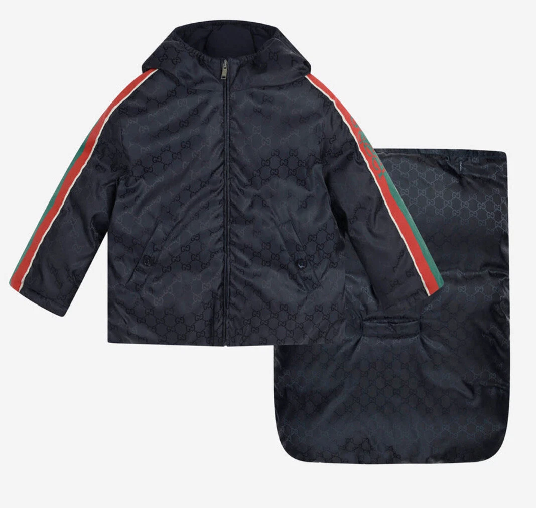 Nuovo Gucci Baby Boy 6 9m Giacca Blu E Manicotto Jacquard Set Lusso $1290