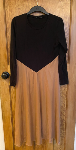 Zara Black Long Sleeve Light Brown Beige Silk Feel Skirt Dress Size S Small - Picture 2 of 6