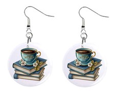 Coffee Cup and Books Button Earrings Jewelry 1" Dangle MADE IN USA NEW