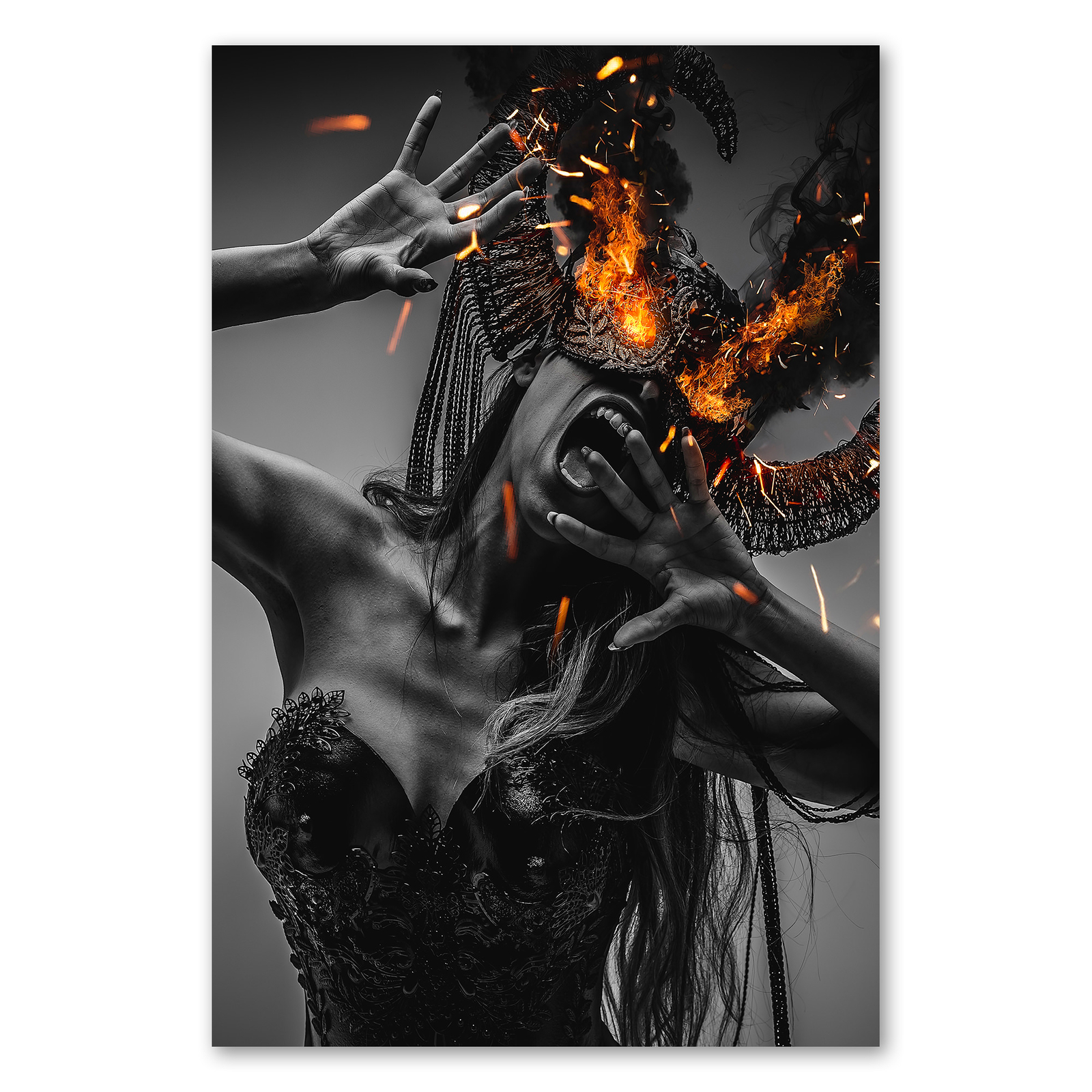 Postereck 3334 póster lienzo modelo, fuego arte máscara abstracta mujer monstruo