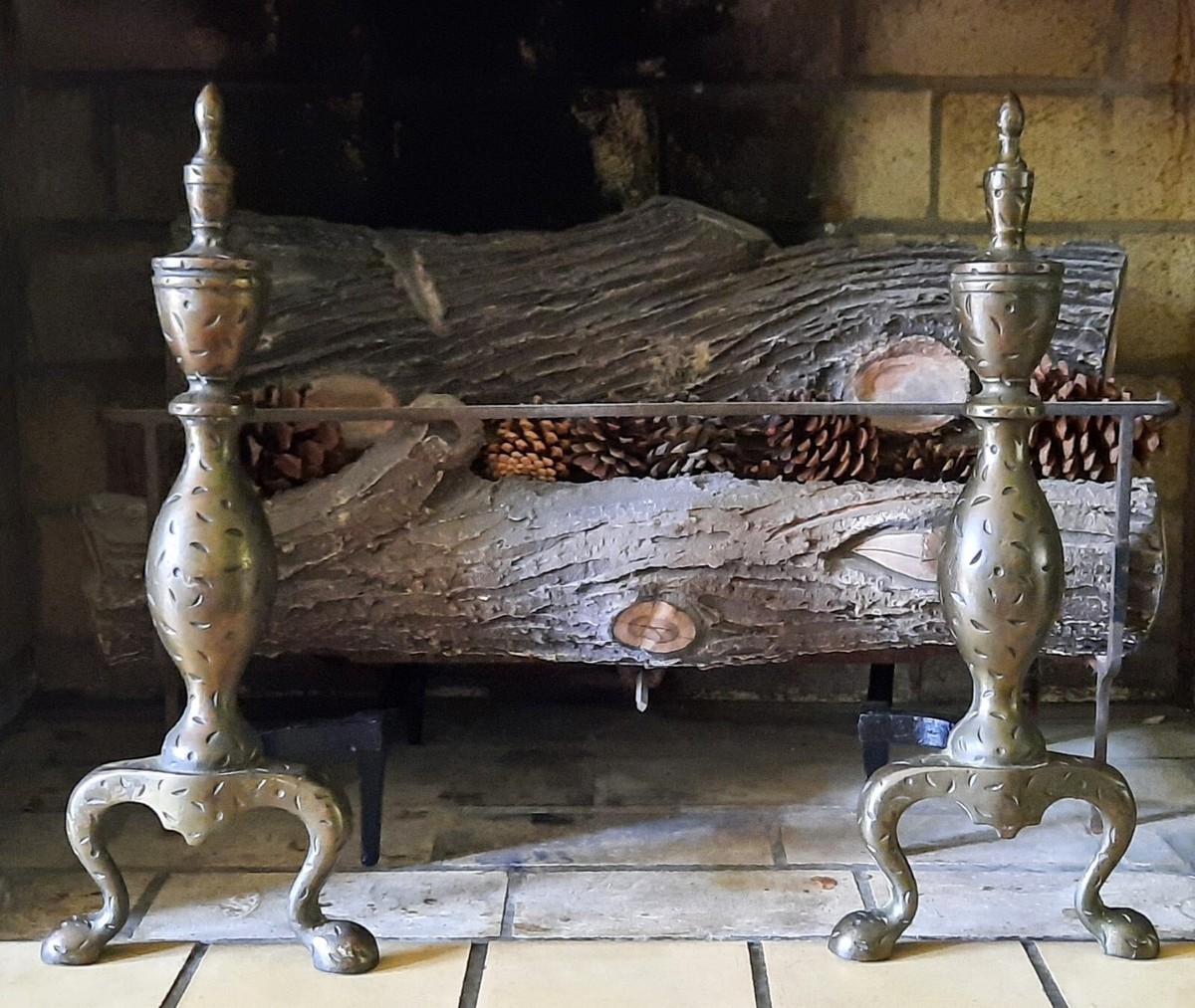 Vintage Cast Iron Fireplace Andirons with Hammered Brass Look 20
