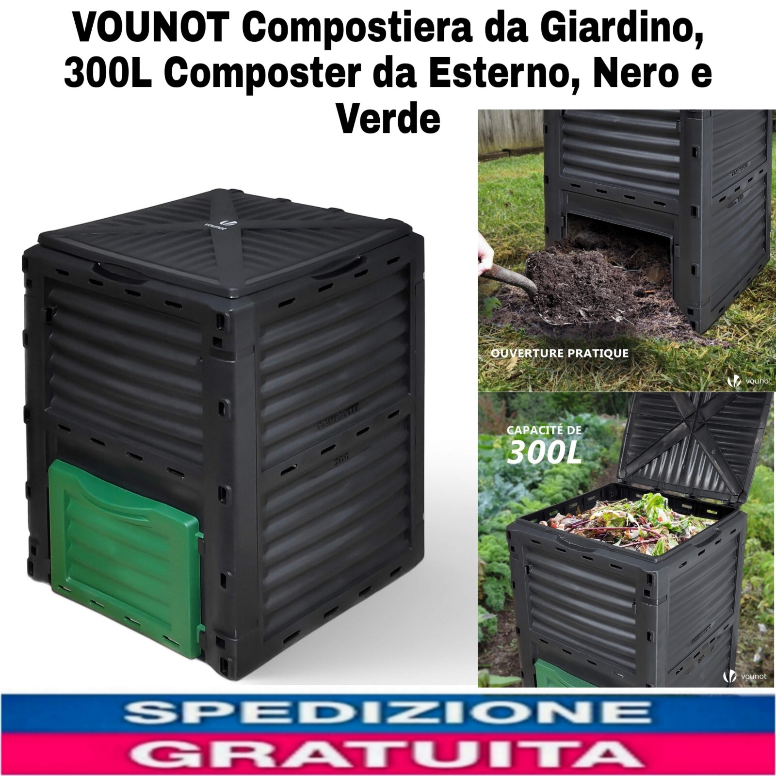 Compostiera da Giardino, 300L Composter Esterno, Nero e Verde 58 x 58 x 80 cm