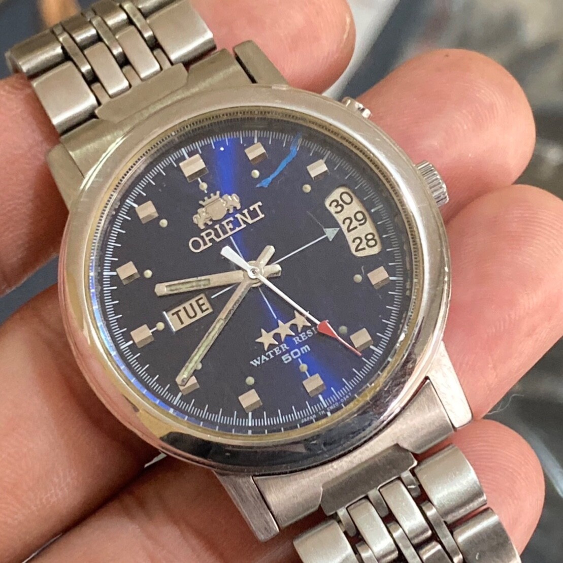 Orient 3 stars Automatic Day-Date Blue Dial Stainless Steel Watch