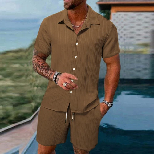 Conjunto de 2 trajes informales de manga corta y pantalones cortos de verano para hombre❤ - Imagen 8 de 23