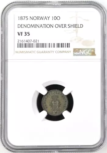 1875 Norway 10 Ore, NGC VF 35, KM-350, Key Date, Denomination Over Shield