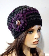 handmade-crochet-womans-flower-hat-beanie-wool-blend-charcoal-magenta-puffs-new