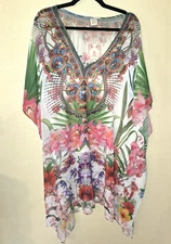 Ravi Rajoria Floral Kimono Sleeve Kaftan Cover Up Crepe Dress Size XL