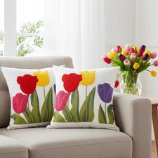 2Pcs Spring Floral Embroidered Decorative Throw Pillow Covers 18"x 18" Tulip ...