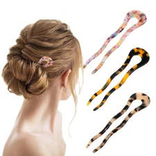 3 Pack French Hair Pin U Shaped Acrylic Twist Stick Hair Fork Wave Fashion Bun