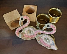 Set of 6 Pier 1 Flamingo, Gold Ring & Wood Square Assorted Napkin Rings BEACHY