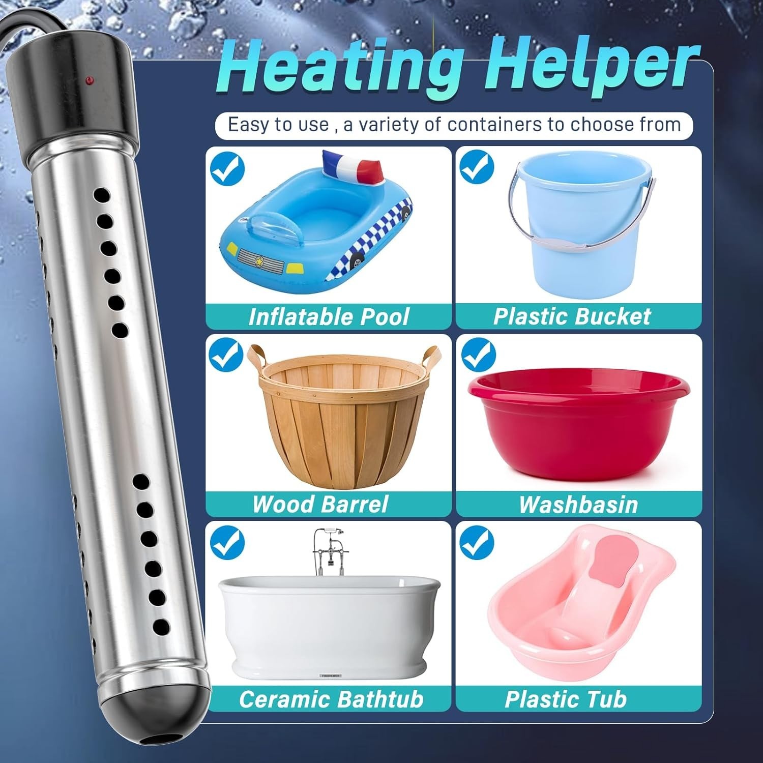 Portable 2000W Electric Immersion Water Heater with LCD, for Home & Camping