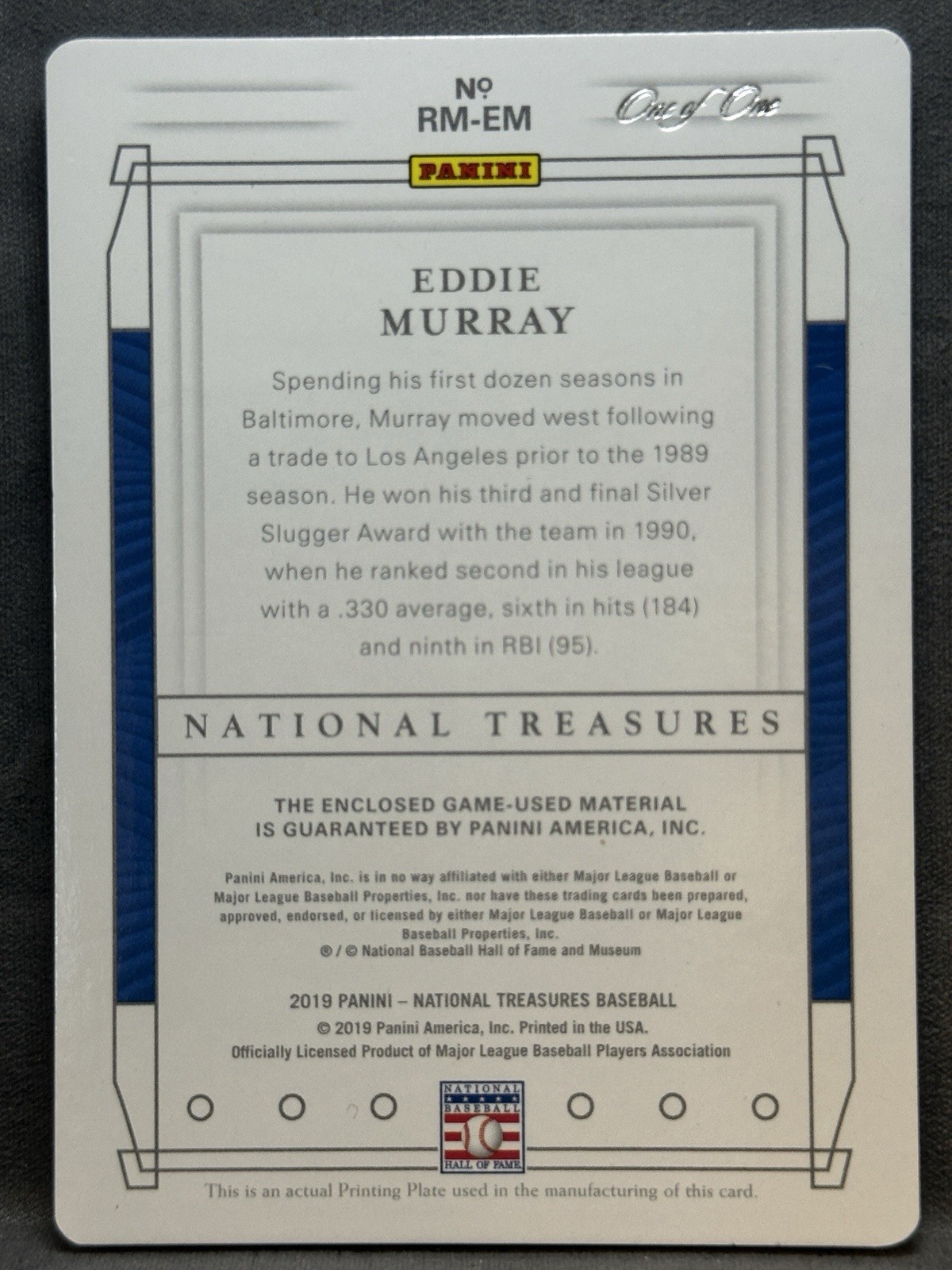 2019 National Treasures Game-Used Materials 1/1 Cyan Printing Plate Eddie Murray view 2