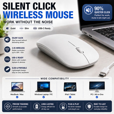 Quiet Wireless Mouse USB C Slim Portable for Laptop MacBook Office PC