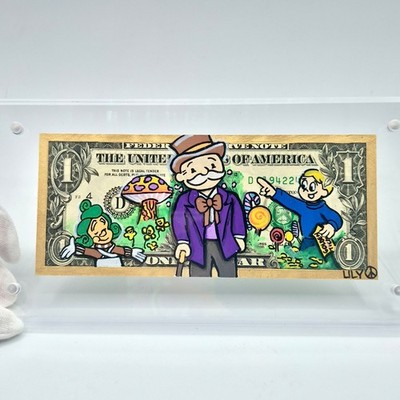 Mr Monopoly Richie Rich Willy Wonka Chocolate Factory Art on Real 1 Dollar Bill