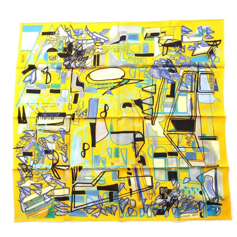 Hermes Silk Carre90 Modernist Tropical Scarf in Yellow Multicolor