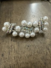 Vtg AB Rhinestone Faux Pearls Silver Tone Hair Barrette