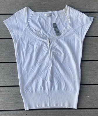 Y2K Cache White Zip Front Lace Trim Fitted Knit Top Rhinestone Zipper