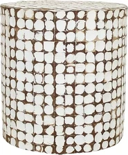 White Coconut Shell Boho Side Table - Handcrafted Accent Furniture for Living Ro